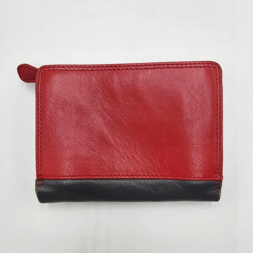Red Gray & Black Colorblock Genuine Leather RFID Protection Tri-Fold Wallet